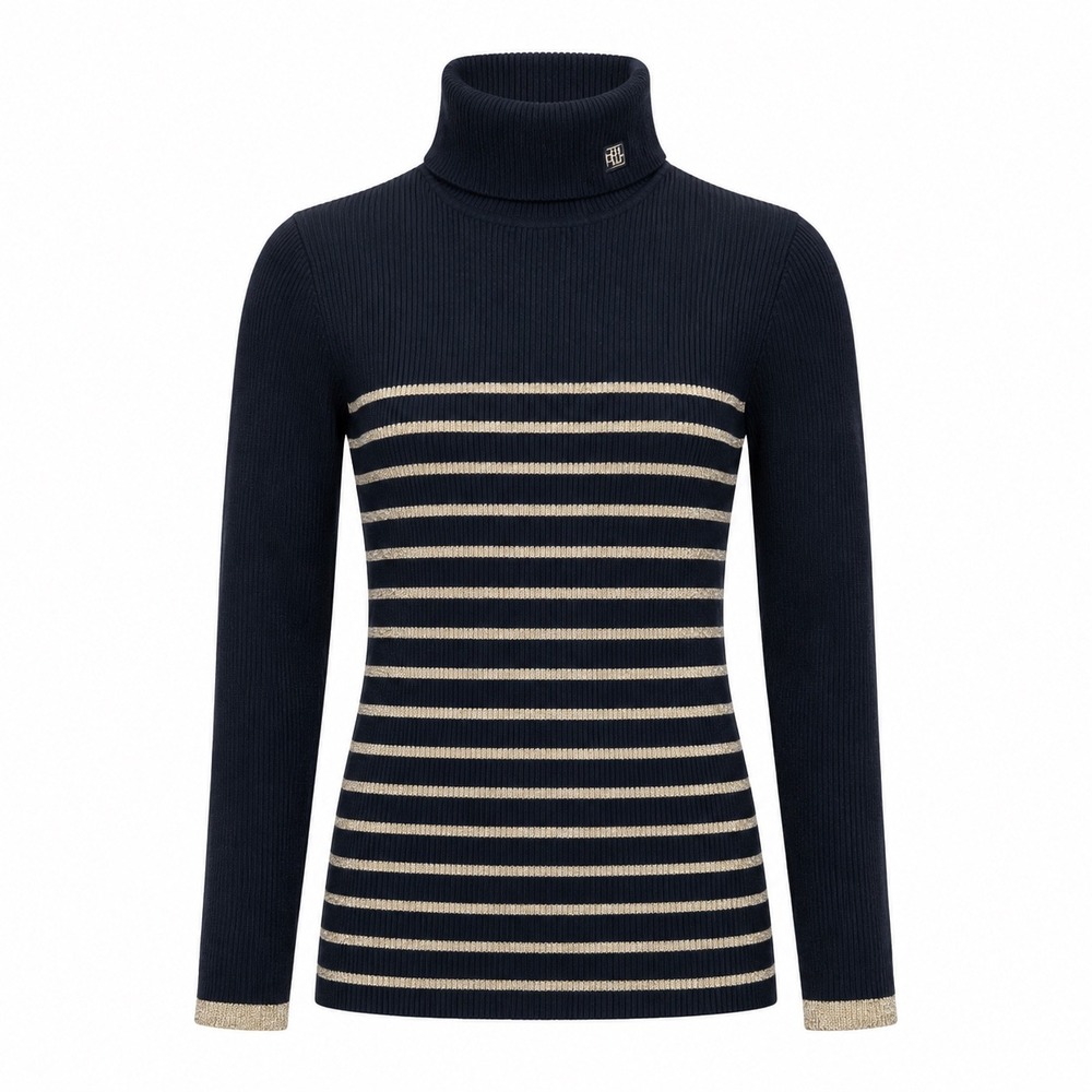 Lauren Ralph Gold Metallic Striped Ribbed Turtleneck Sweater Medium preppy party